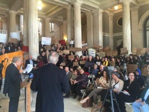  Dr. Charles Jacobs (left, at podium) speaks out against Syrian refugee absorption on Monday at the Rhode Island State House. Photo: Courtesy Americans for Peace and Tolerance.