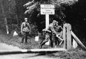 German soldiers breaking a  Polish barrier during Nazi invasion in 1939. Photo: Wikipedia.