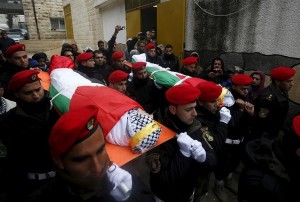 The bodies of two Palestinian terrorists being carried to burial by PA members of the PA security forces. Photo: Twitter/Ofir Gendelman.