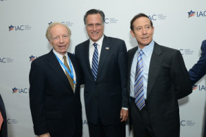 From left to right: former Democratic vice presidential nominee Joe Lieberman, Republican presidential nominee Mitt Romney, and Jewish philanthropist Adam Milstein at the Israeli-American Council's first national conference in Washington, DC, in November 2014. The IAC announced the formation of a new partner organization. Photo: Shahar Azran.