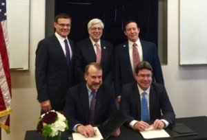 Pictured at the signing of the Israel-California biotechnology deal are, standing, Consul General of Israel in Los Angeles David Siegel, Beverly Hills Mayor Julian Gold, and Israeli-American Council Chairman Adam Milstein, and seated, Dr. Jonathan Thomas and Israeli Science Minister Ofir Akunis. Photo: Provided photo.