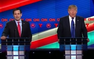Marco Rubio, left, and Donald Trump during Thursday's presidential debate. Rubio argued on Thursday night,, "The Palestinians are not a real estate deal, Donald." Photo: Twitter.