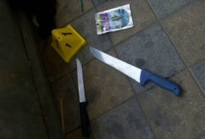 Knives recovered from the backpacks of two 13-year-old girls who perpetrated a terrorist attack on Thursday in Ramla, Israel. Photo: Israel Police.