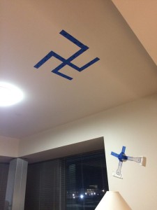 The swastika Sara Rosen found on the ceiling of her apartment. The Jewish student said she is upset with the way the school "handled the situation." Photo: Facebook.