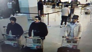 The ISIS members suspected of carrying out Tuesday's attacks in Brussels. Photo: Airport surveillance footage/ Screenshot.