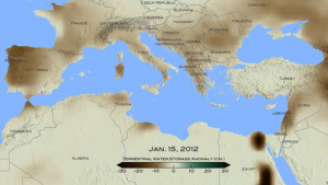 In the pictured NASA graphic indicating conditions in January 2012, brown shades show the decrease in water storage from the 2002-2015 average in the Mediterranean region (units in centimeters). Photo: NASA/Goddard Scientific Visualization Studio.
