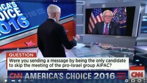 Sen. Benie Sanders (D-Vermont), the only presidential candidate not to speak at the AIPAC conference, speaks to CNN's Anderson Cooper during Monday night's "Final Five" interviews. Photo: Screenshot from YouTube.