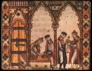 An illuminated manuscript of Jewish moneylenders. Credit: Wikimedia Commons.
