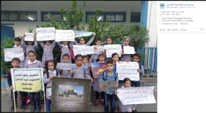 An UNRWA school in Gaza holding a ceremony honoring and celebrating Palestinian stabbing attacks against Israelis. Photo: Facebook.