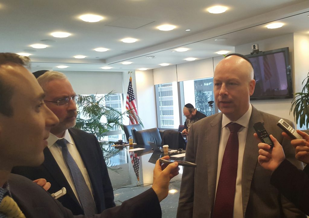 Jason (Dov) Greenblatt, Donald Trump's executive vice president and chief legal officer, fielding questions from Jewish journalists in New York Photo: Ruthie Blum.