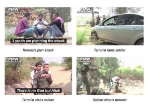 Screenshots from the Palestinian Fatah video showing the reenactment of a Palestinian attack on Israeli soldiers. Photo: Palestinian Media Watch.