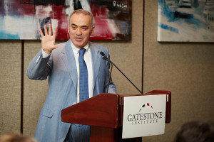 Russian chess giant and political activist Garry Kasparov addressing the Gatestone Institute. Photo: Raymond Hamlin.
