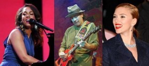 Singer Alicia Keys, guitarist Carlos Santana and actress Scarlet Johansson. Photos: Wikimedia Commons. 