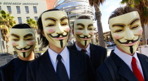 Anonymous members.  The computer hacking collective claimed that it attacked at least 55 Israeli websites. Photo: Vincent Diamante via Wikimedia Commons.  