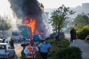 The scene of the bus bombing on Moshe Baram Street in Jerusalem on April 18, 2016. Hamas has claimed responsibility for the terror attack. Photo: Nati Shohat/Flash90.