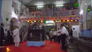 The inside of Cochin’s Kadavumbagam synagogue, which recently held its first Shabbat service in decades. Photo: Screenshot.