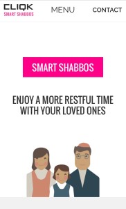 A screenshot of the Cliqk website. The "Smart Shabbos" app is branded as a "worry-free lighting solution for your day of rest." Photo: Screenshot.