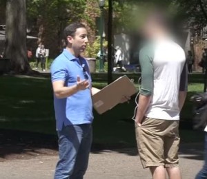 Filmmaker Ami Horowitz (L) posing as a representative of Hamas as Portland State University. Photo: Video Screenshot.