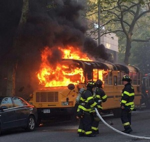 The scene of the bus that was set on fire in Crown Heights, Brooklyn. Photo: Twitter. 