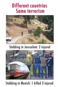 On May 9, when there were simultaneous attacks in Jerusalem and Munich orchestrated by terrorists, StanWithUs posted this image of both scenes on Facebook with the caption, “Different countries. Same terrorism.” Photo:  StanWithUs Facebook page.