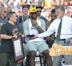 LeBron James (center) and Dan Gilbert (left), the Jewish owner of the Cleveland Cavaliers, celebrate the Cavaliers' NBA championship on Wednesday. Photo: Cleveland Jewish News.