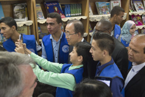 On June 28, 2016, United Nations Secretary-General Ban Ki-moon (in center) visits Gaza's Al-Zeitoun School, which is run by the U.N. Relief and Works Agency for Palestine Refugees in the Near East (UNRWA). For Ban's visit, school officials covered up a large map showing all of Israel as “Palestine.” Photo: U.N. Photo/Eskinder Debebe.