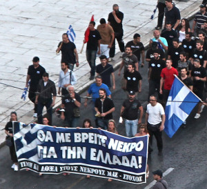 A Greek Golden Dawn party demonstration. Christos Pappas, a member of the neo-Nazi Golden Dawn party, called Israel an “eternal enemy of Greece and [Christian] Orthodoxy.” Photo: Steve Jurvetson via Wikimedia Commons.