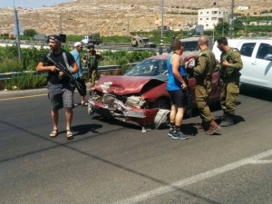 The scene of Friday's car ramming attack near Hebron. The terrorist behind the attack was shot dead. Photo: Twitter.