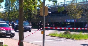 The scene outside a cinema in Germany where a masked man took hostages before police shot him dead. Photo: Twitter.