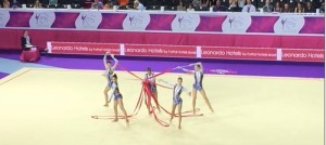 The Israeli rhythmic gymnastic team during the ribbon portion of the European Championships. Photo: YouTube screenshot.