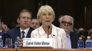 Actress Dame Helen Mirren testifying before Congress on the importance of a new act that seeks to provide victims of the Holocaust and their families legal means to recover works of art looted by the Nazis. Photo: Video Screenshot. 