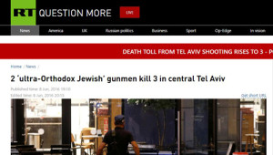 Russian state-affiliated news outlet RT's headline in their coverage of a deadly terror attack in Tel Aviv. 