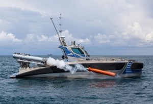 The Seagull vessel's test launch of a torpedo in the Mediterranean Sea. Photo: Elbit Systems.
