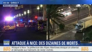 The scene of the carnage in Nice, France. The city's Jewish community was gather on Shabbat in the spirit of defiance after the deadly attack. Photo: Screenshot. 