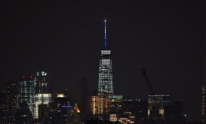 The spire of the World Trade Center was in blue and white colors in honor of the late Elie Wiesel. Photo: Facebook.