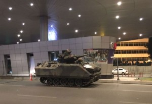 A tank stationed at an entrance to Istanbul airport.