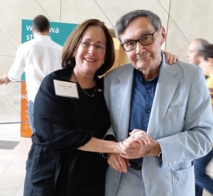 Stanlee Stahl (left), executive vice president of the Jewish Foundation for the Righteous, greets Marian Turski, a Holocaust survivor and chairman of the board of the Museum of Polish Jews, on Sunday in Warsaw. Photo: Provided photo.