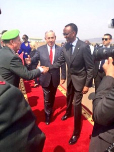 Israeli Prime Minister Benjamin Netanyahu with President Paul Kagame in Rwanda. Netanyahu toured a memorial to the more than 800,000 victims of Rwanda's 1994 genocide. Photo: Twitter. 