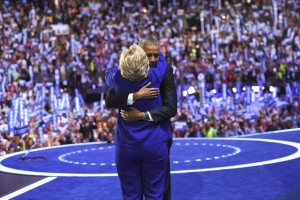 President Barack Obama and presidential hopeful Hillary Clinton at the DNC. Obama praised Clinton in his DNC speech. Photo: Twitter/Hillary Clinton.