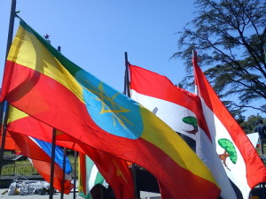 The flag of Ethiopia.  Ethnic violence erupting on Tuesday between the Amhara residents and Tigray forces. Photo: Soman via Wikimedia Commons.