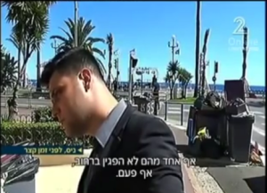 Israeli Channel 2's Elad Simchayoff conducting a man-in-the street interview in Nice, on the day after the Bastille Day massacre. Photo: Screenshot.