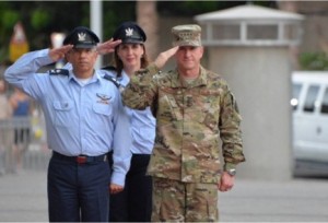 Israeli Air Force Commander Maj. Gen. Amir Eshel and U.S. Air Force Chief of Staff Gen. David Goldfein in Tel Aviv, Wednesday. Photo: IDF Spokesperson's Unit
