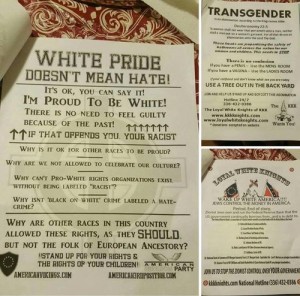 These fliers distributed by the Ku Klux Klan said that "Jews control money in America"(left bottom), and also insulted African Americans and the LGBTQ community. Photo: The ADL.