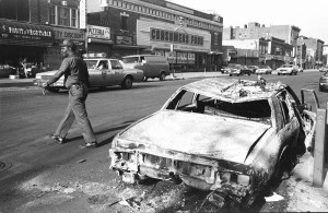 A torched car in Crown Heights during the 1991 riots.