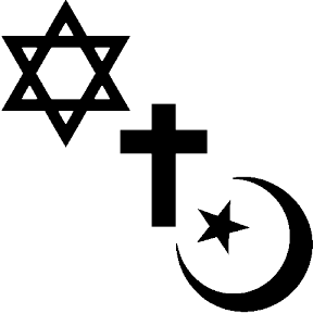 Religious symbols of three of the monotheistic religions. A new interfaith gathering will take place in Jerusalem in September. Photo: AnonMoos via Wikimedia Commons.