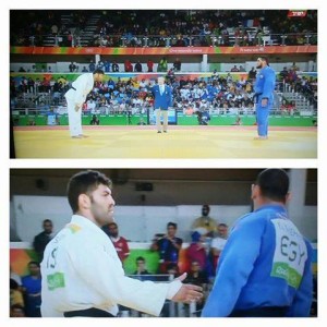 Egypt’s Islam El Shehaby seen snubbing a handshake by Israel's Ori Sasson after being defeated in a first-round judoka Olympic match. Photo: The Israel Project. 