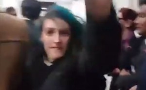 Anti-Israel activist Ivana Bevilaqua seconds before she assaulted a Jewish student during a violent protest in January at King's College, London. Photo: Video Screenshot. 