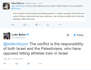 The Twitter exchange with Luke Baker. Photo:Elder of Ziyon/Screenshot. taken from Elder of Ziyon blog