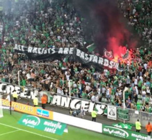 St. Etienne soccer fans seen waving the Palestinians flag and setting off fireworks during a match against Beitar Jerusalem. Photo: @JulienMaynard/ Twitter. 