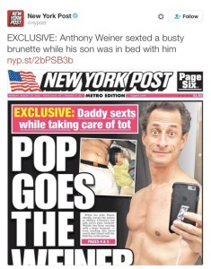 The front page of the New York Post, which reported on the latest sexting by the disgraced Jewish former congressman Anthony Weiner. Photo: Twitter screenshot.